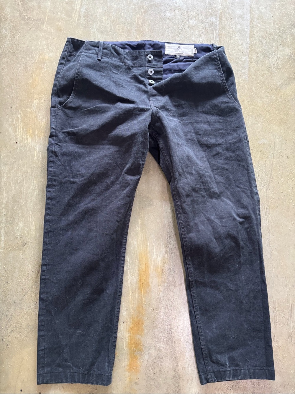 Rogue Territory Dark Navy Button-Fly Selvedge Officers Pants.